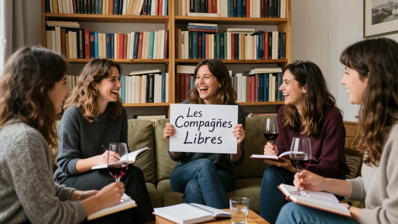 A group of women in Lyon meeting in a cozy apartment, sharing wine and notes, surrounded by books and warm lamplight.