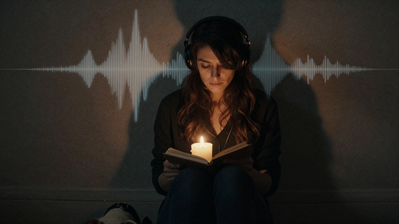 A woman in Montmartre with face hidden, listening to audio, a waveform glowing softly around her, candlelight and a dog’s collar nearby.