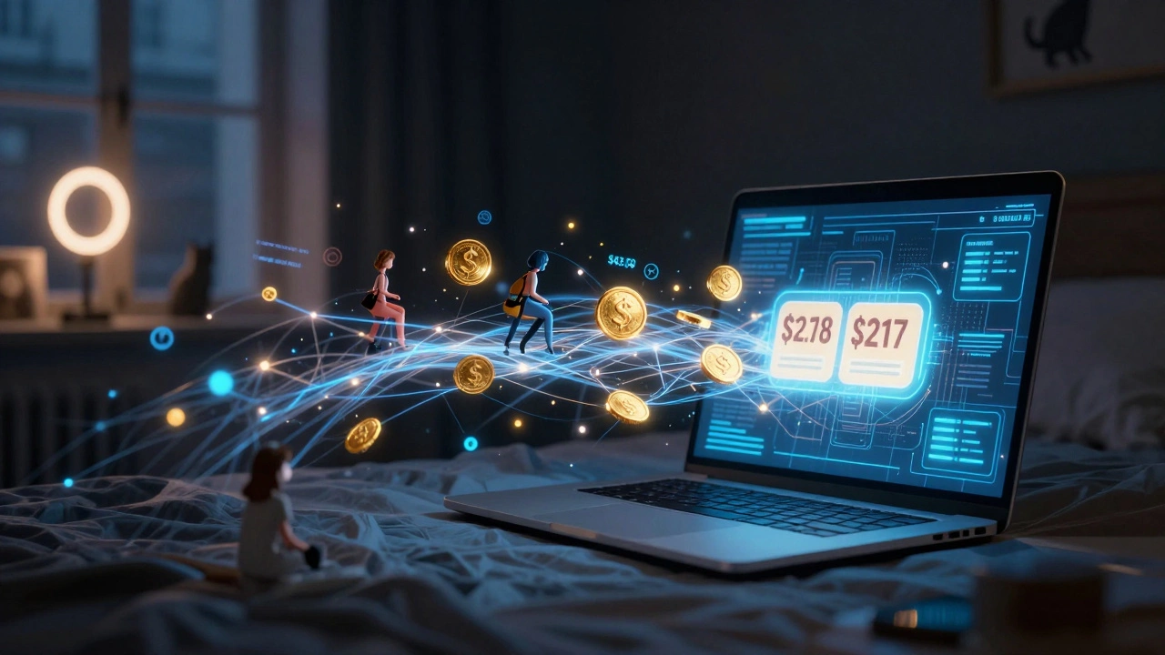 Digital data streams flowing from a laptop, showing payment notifications as golden coins, surrounded by symbols of sex work in Paris.